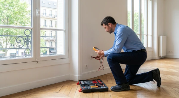 Électricien professionnel en tenue de travail standard effectuant le diagnostic d'une prise électrique murale défectueuse avec un appareil de diagnostic à main, dans un intérieur résidentiel bien éclairé, sans danger visible.