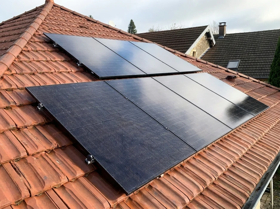 Toiture en tuiles canal rouge-brique avec deux rangées de panneaux solaires photovoltaïques monocristallins noirs, disposition 2x3