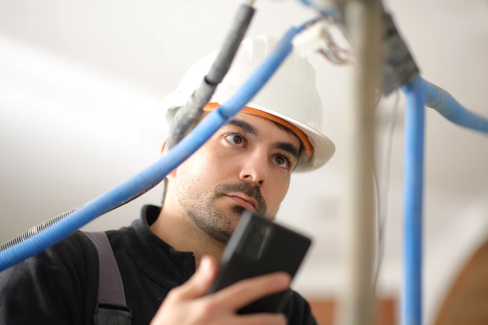 Un électricien en salopette, concentré sur le travail dans le standard avec fusibles, en utilisant une tablette