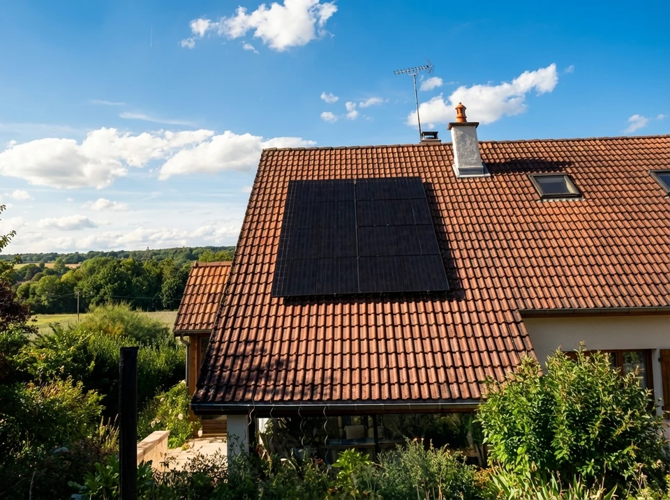 Toiture résidentielle équipée de panneaux solaires photovoltaïques sous ciel bleu dégagé, végétation verdoyante en arrière-plan